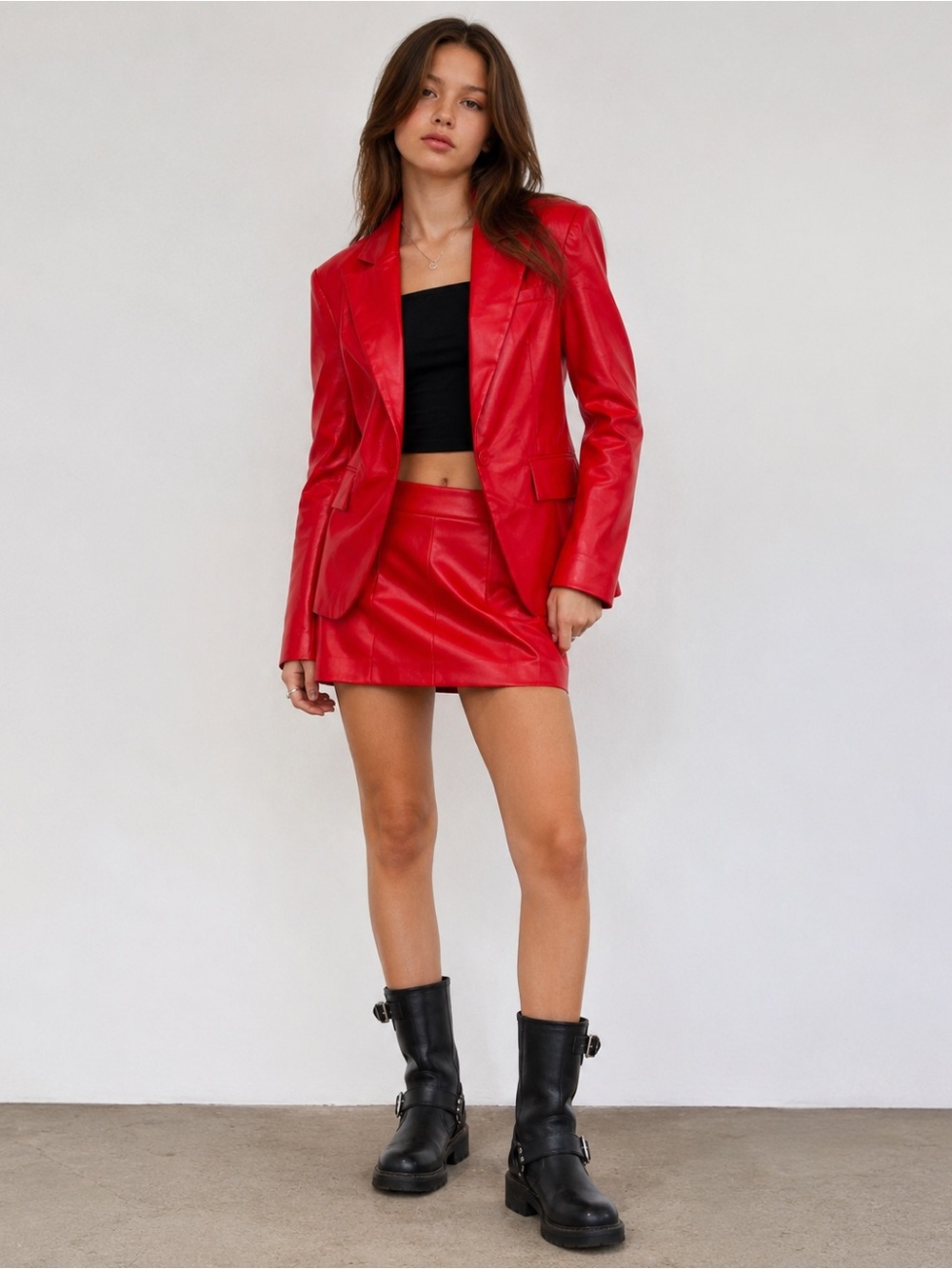 Red Faux Leather Blazer and Mini Skirt Set - Women's Tailored Suit